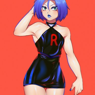 nintendo, pokemon, james (pokemon), team rocket, gomi-cake, 1boy, black clothing, black dress, black eyeshadow, black legwear, black thighhighs, blue fingernails, blue hair, blue lipstick, crossdressing