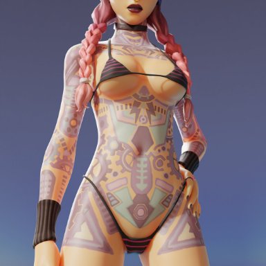 fortnite, beach jules, jules (fortnite), pleasethisworks, 1girls, bikini, bikini top, female, goggles, goggles on head, light-skinned female, light skin, looking at viewer, solo, tattoo