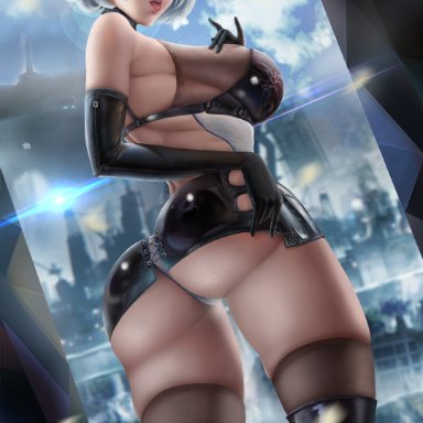 nier: automata, yorha 2b, artist request, 1girls, almega, ass, ass grab, big ass, blue eyes, breasts, curvaceous, curvy, curvy body, curvy female, curvy figure