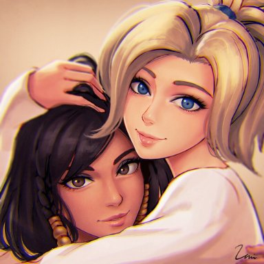 overwatch, mercy, pharah, umigraphics, 2girls, blonde hair, cute, dark-skinned female, female, female only, hugging, wholesome, pharmercy, sfw