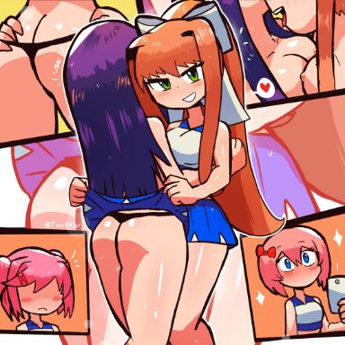 doki doki literature club, yuri (doki doki literature club), tony welt, 4girls, ass, big breasts, blue eyes, blush, breasts, cheerleader, cheerleader uniform, eye contact, female, female only, green eyes