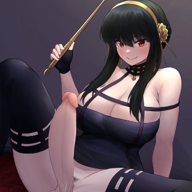 spy x family, yor briar, minishell, 1futa, assassin, balls, big balls, big penis, black hair, bottomless, breasts, choker, clothed, clothing, dark background