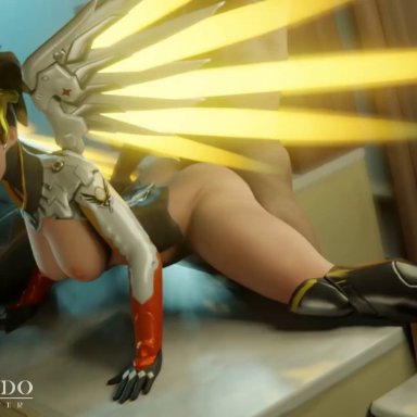 overwatch, mercy, grand cupido, areolae, breasts, breasts out, bubble butt, faceless male, from behind, nipples, sex, sex from behind, thick thighs, 3d, animated