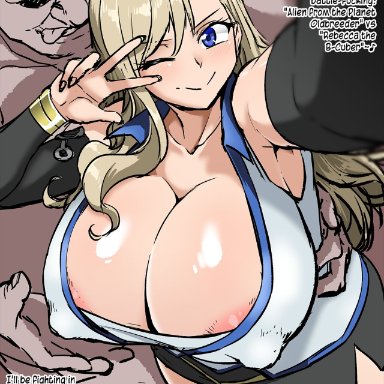 eden's zero, rebecca bluegarden, ahemaru, 1boy, 1girls, alternate breast size, b-cube, b cube, big breasts, blue eyes, breasts, busty, cleavage, curvaceous, curvy