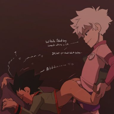 hunter x hunter, shounen jump, gon, gon freecss, killua, killua zoldyck, anonanim, 2boys, anal, anal sex, ass, ass up, black hair, blush, boy on top