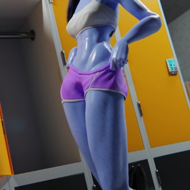 overwatch, widowmaker, studioaberration, female, gym, muscular, muscular female, shorts, toned, workout clothes