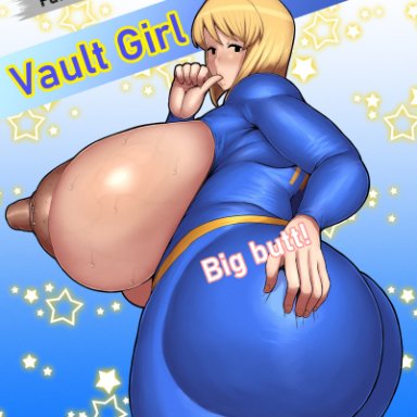 fallout, fallout 4, vault girl, ponkotsuu, 1girls, areolae, ass, ass focus, big ass, big breasts, black eyes, blonde hair, bottomwear, breasts, clothing