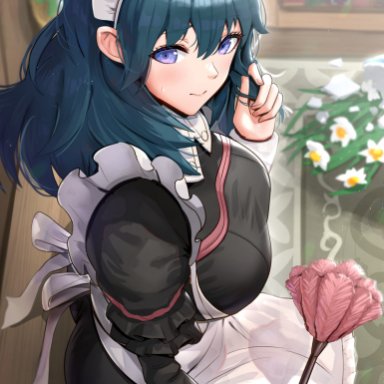 fire emblem, fire emblem: three houses, nintendo, byleth (fire emblem), byleth (fire emblem) (female), gonzarez, 1girls, accident, alternate costume, apron, ass, bangs, black dress, blue eyes, blue hair