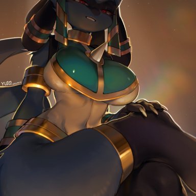 nintendo, pokemon, pokemon unite, female lucario, lucario, pok&#233;mon (species), ruins style lucario, yuio, 1girls, anthro, big breasts, blue fur, egyptian clothes, female, female only