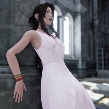 final fantasy, aerith gainsborough, cottontailva, milkygirls, 1futa, against pillar, ahe gao, autopaizuri, autopaizuri under clothes, big breasts, big penis, black hair, breast expansion, breast growth, breasts