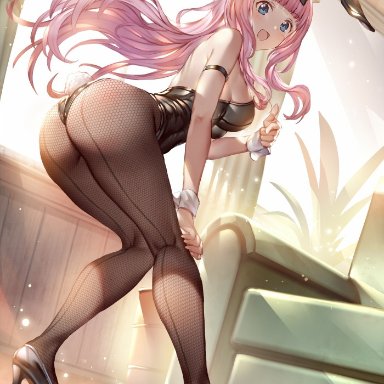 fujiwara chika, 77gl, 1girls, ass, blue eyes, breasts, bunny ears, bunny girl, bunny tail, bunnysuit, eye contact, female, female focus, female only, high heels