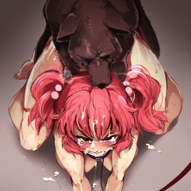 touhou, komachi onozuka, ario, 1girls, all fours, angry, barefoot, blush, breasts, canine, collar, cum, cum drip, cum inside, cum on body