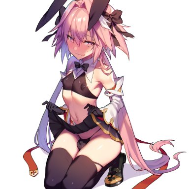 fate/grand order, fate (series), astolfo (fate), astolfo (saber) (fate), morikoke, tubumi, 1boy, androgynous, animal ears, bare shoulders, black bow, black gloves, black legwear, bunny ears, erect nipples