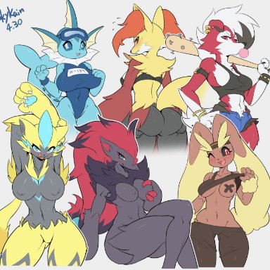 pokemon, delphox, eeveelution, lopunny, lycanroc, pok&#233;mon (species), vaporeon, zeraora, zoroark, skykain, 6girls, big ass, big breasts, female