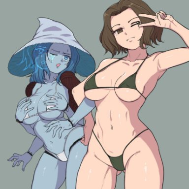 elden ring, fromsoftware, melina (elden ring), ranni the witch, takefu jiin, takehuxi, 2girls, 4 arms, ass visible through thighs, big breasts, bikini, black bikini, blue eyes, blue hair, blue skin