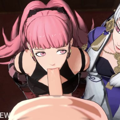 fire emblem, fire emblem: three houses, nintendo, byleth (fire emblem), byleth (fire emblem) (male), hilda valentine goneril, lysithea von ordelia, overused23, 1boy, 1male, 2girls1boy, bangs, breasts, earrings, fellatio