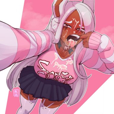 my hero academia, miruko, rumi usagiyama, nudiedoodles, 1girls, after fellatio, after oral, big breasts, breasts, bunny ears, cum, cum in mouth, cum on face, female, female focus