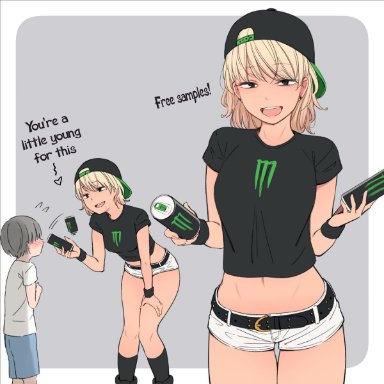 monster energy, original, kemuri haku, 1boy, backwards hat, bangs, baseball cap, belt, blonde hair, breasts, can, cropped shirt, earrings, female, hat