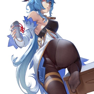 genshin impact, ganyu (genshin impact), yonoki, :o, ahoge, ass, bangs, bare shoulders, bell, black legwear, blue hair, bodystocking, breasts, detached sleeves, dutch angle