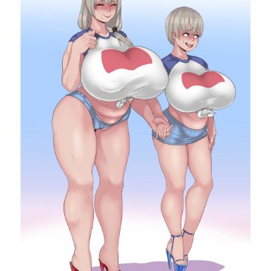 uzaki-chan wa asobitai!, uzaki hana, uzaki tsuki, sunnysundown, 2girls, big breasts, blue eyes, blush, chubby, closed eyes, duo, grey hair, high heels, holding hands, matching outfit