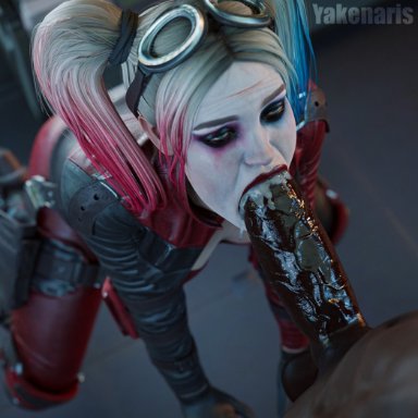 dc, dc comics, injustice 2, harley quinn, yakenaris, big penis, blonde hair, blowjob, cock hungry, cum, cum drip, cum in mouth, dark-skinned male, dark penis, dark skin