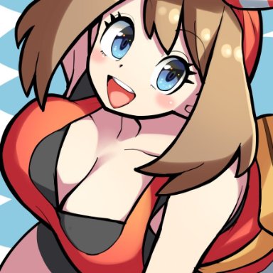 game freak, pokemon, pokemon rse, may (pokemon), bellupup, 1girls, big breasts, black shorts, blue eyes, bottomwear, breast focus, breasts, brown hair, cleavage, clothing