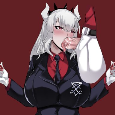 helltaker, lucifer (helltaker), owner (artist), 1boy, 1girls, big breasts, blowjob, blush, breasts, demon girl, erection, fellatio, fully clothed, gloves, horns