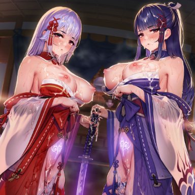 original, ogre craft, 2girls, bangs, blue hair, blunt bangs, blurry, blurry background, blush, breasts, breasts out, bukkake, closed mouth, contrapposto, cowboy shot