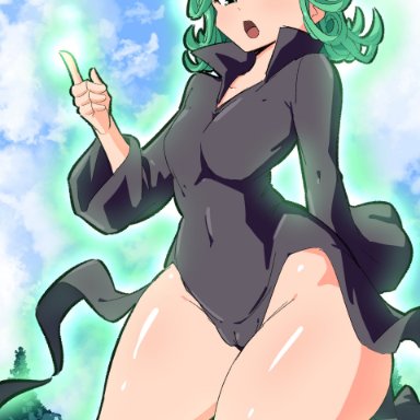 one-punch man, tatsumaki, woohyoot, 1girls, cameltoe, child bearing hips, dress, female, female only, green eyes, green hair, looking at viewer, solo, thick thighs, thighs