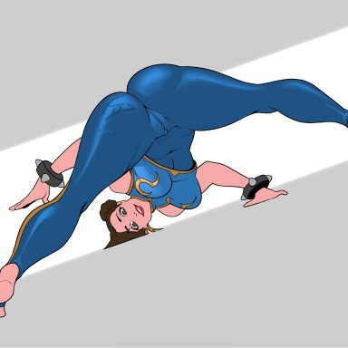 capcom, street fighter, chun-li, ass, bent over, bodysuit, breasts, brown eyes, brown hair, cameltoe, feet, female, large ass, legs apart, lipstick