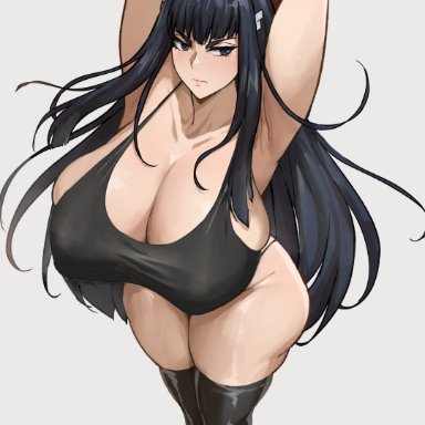 kill la kill, kiryuuin satsuki, batako, 1girls, alternate breast size, armpits, arms above head, arms up, big breasts, black hair, breasts, clothed, clothed female, female, female only