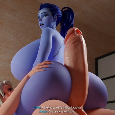 blizzard entertainment, overwatch, mercy, widowmaker, drakepowers, 1futa, 1girls, ass, bed, bedroom, big ass, big breasts, big butt, big penis, blonde hair