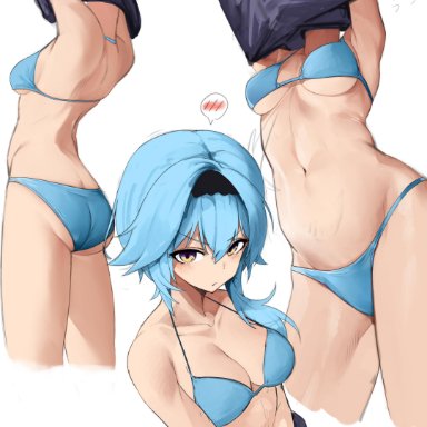 genshin impact, eula (genshin impact), doroti., 1girls, armpits, arms up, ass, asymmetrical hair, bare shoulders, bikini, black hairband, black shirt, blue bikini, blue hair, breasts