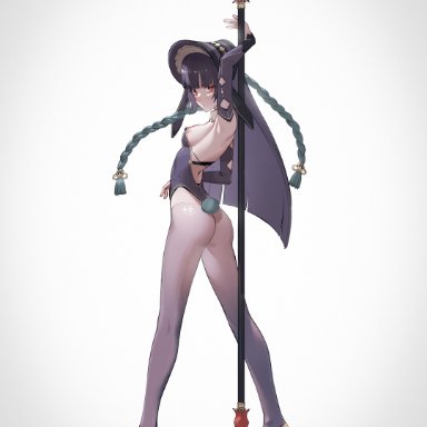 genshin impact, yun jin (genshin impact), chunai zhanshen milili, 1girls, alternate costume, areolae, armpits, ass, back, back view, blunt bangs, bonnet, breasts, bunny girl, bunny tail