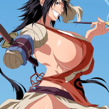 bleach, kukaku shiba, turbo (artist), 1girls, almost naked, amputee, asymmetrical bangs, asymmetrical hair, bandage, bandaged arm, bandages, bangs, barely clothed, big breasts, black hair