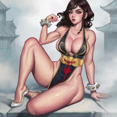 street fighter, chun-li, dravacus, almost barefoot, big breasts, black dress, brown hair, chinese clothes, female, high heels, looking at viewer, muscular, muscular female, shoes, sweat