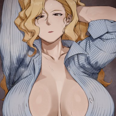 golden boy, madame president, gerogero51, 1girls, armpit fetish, armpits, arms up, blonde hair, breasts, cleavage, clothing, female, female only, fully clothed, huge breasts