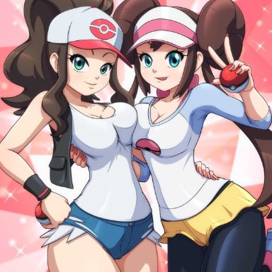 pokemon, pokemon bw, pokemon bw2, hilda (pokemon), rosa (pokemon), reit, 2girls, big breasts, breast squish, brown hair, hat, looking at viewer, peace sign, pokeball, pokemon trainer