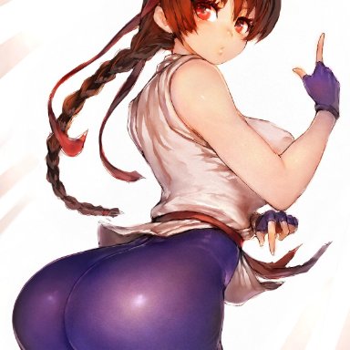 king of fighters, snk, yuri sakazaki, fumio (rsqkr), 1girls, ass, ass focus, big ass, brown hair, female, looking at viewer, looking back, shiny clothes, solo, standing