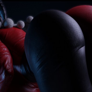 batman (series), dc, dc comics, harley quinn, harley quinn (classic), drakepowers, 1girls, abstract background, ass, bent over, big ass, big butt, blue eyes, bodysuit, curvy