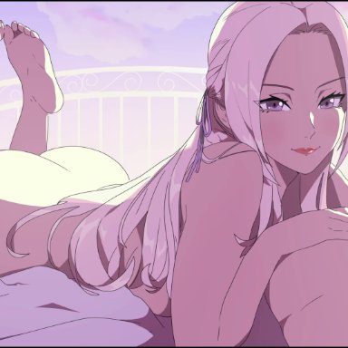 fire emblem, fire emblem: three houses, nintendo, edelgard von hresvelg, r3dfive, 1boy, 1girls, ass, blinking, completely nude, feet, feet up, hand on hip, handjob, laying on stomach