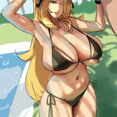 nintendo, pokemon, pokemon dppt, cynthia (pokemon), eu03, 1girls, bikini, black bikini, blonde hair, breasts, female, female only, hips, huge breasts, long hair