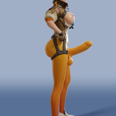 overwatch, tracer, shadowboxer, big balls, big breasts, big cock, futanari, solo futa, 3d