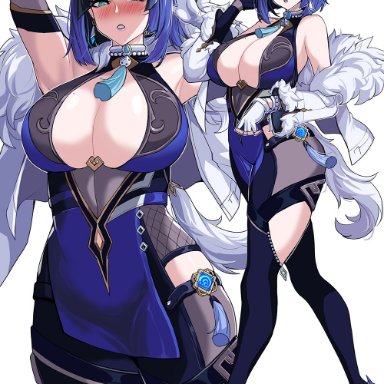 genshin impact, yelan (genshin impact), drogod (artist), 1girls, armpits, arms above head, arms up, black hair, breasts, cleavage, clothed, clothed female, female, green eyes, heels