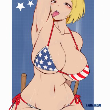 haikyuu!!, tanaka saeko (haikyuu!!), american flag bikini, animahakim, arm up, armpit licking, armpits, bangs, bikini, blonde hair, blush, breasts, brown eyes, curvy, female