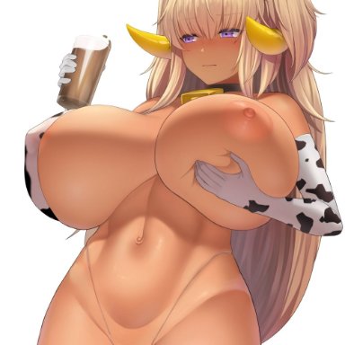 last origin, dark elven forest ranger, taji (crowview), 1girls, animal ears, animal print, areola slip, areolae, bell, blonde hair, blonde pubic hair, blush, breast hold, breast lift, breasts