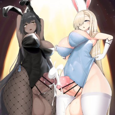 blue archive, asuna (blue archive), karin (blue archive), nnilaee, 2futas, arms behind head, arms up, balls, bangs, big balls, big breasts, big penis, black hair, blonde hair, breasts