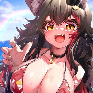 hololive, ookami mio, animal ear fluff, animal ears, bangs, black hair, breasts, cleavage, eyebrows visible through hair, female, hair between eyes, hair ornament, hairclip, huge breasts, long hair