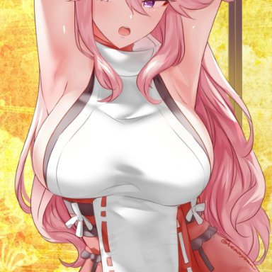 genshin impact, yae miko, uenoryoma, 1girls, animal ears, armpit fetish, armpits, arms above head, arms up, bare arms, breasts, female, female only, fingernails, fox ears