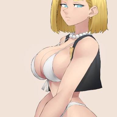 dragon ball, dragon ball z, android 18, flytrapxx, 1girls, bikini, blonde hair, blue eyes, breasts, earrings, female, female only, hips, huge breasts, jewelry